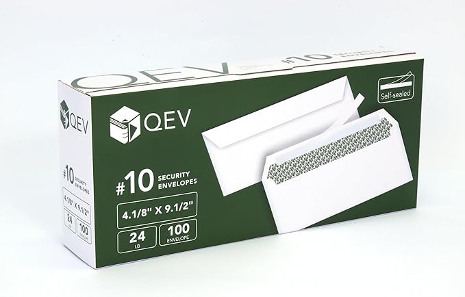 100 count #10 Self Seal Security Letter Size Envelopes, No. 10 or 4.1/8" x 9.1/2", 24 lb White Paper, Windowless