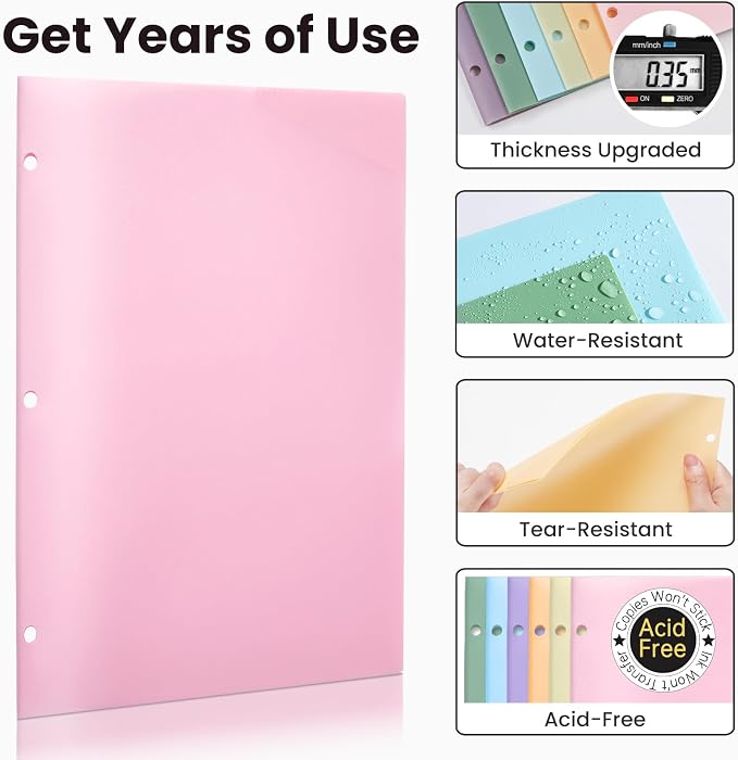 Sooez 2-Pocket Folders, Plastic Folders with Pockets 3 Hole Punched | 1 Pack Pockets Folder for 3 Ring Binder with Labels, Heavy Duty Binder Folder for Document, Letter Size File Folder,Black