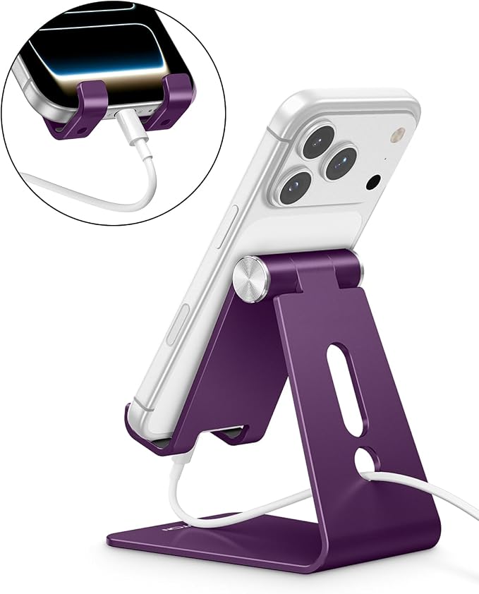 OMOTON C2 Adjustable Cell Phone Stand with Charging Cutout, Deep Purple | Sturdy 3mm Aluminum, Charging Port, 270° Adjustable, Non-Slip Silicone Pads, Works with Thick Cases, for All Smartphones