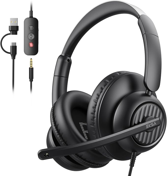 EKSA H8 USB Headset with Microphone for Work, Stereo Wired Computer Headphones with Mic Noise Cancelling, in Line Controls, 3.5mm Jack USB-C/A Over-Ear Headset for PC Laptop Office Call Center Teams