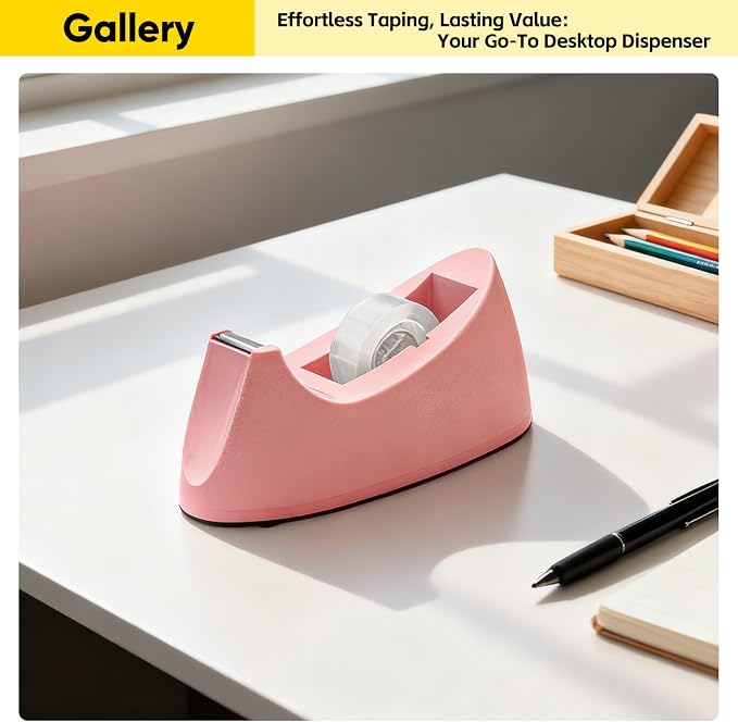 Heavy Duty One-Handed Weighted Office Tape Dispenser, Fits 1" Core, Pink | 1.4 lbs Non-Slip Rubber Base, Smooth Cut Serrated Blade, Standard 1-Inch Clear Tape Roll Holder, Home Desktop Office Supplies