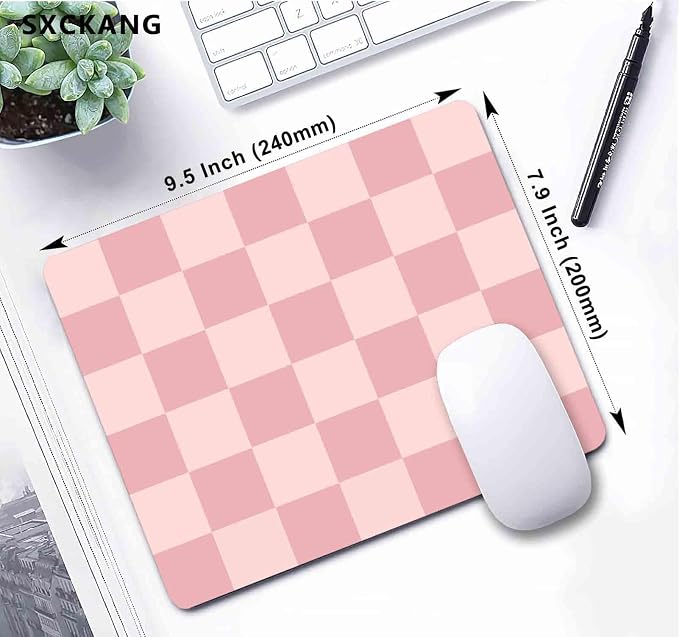 Pink Mouse Pad, Checkered Pattern Mousepad, Square Premium Texture Computer Cute Mouse Pad Design for Office Work Home, Non-Slip Rubber Gaming Mouse Pads for Computer Laptop, Modern Aesthetic