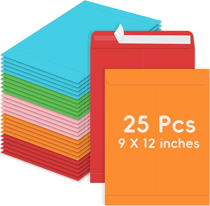 25 Pack Colored Mailing Envelopes, 9 x 12 Inches Self-Seal Colorful Manilla Envelopes for Mailing, Organize, storage, Home, Office Business
