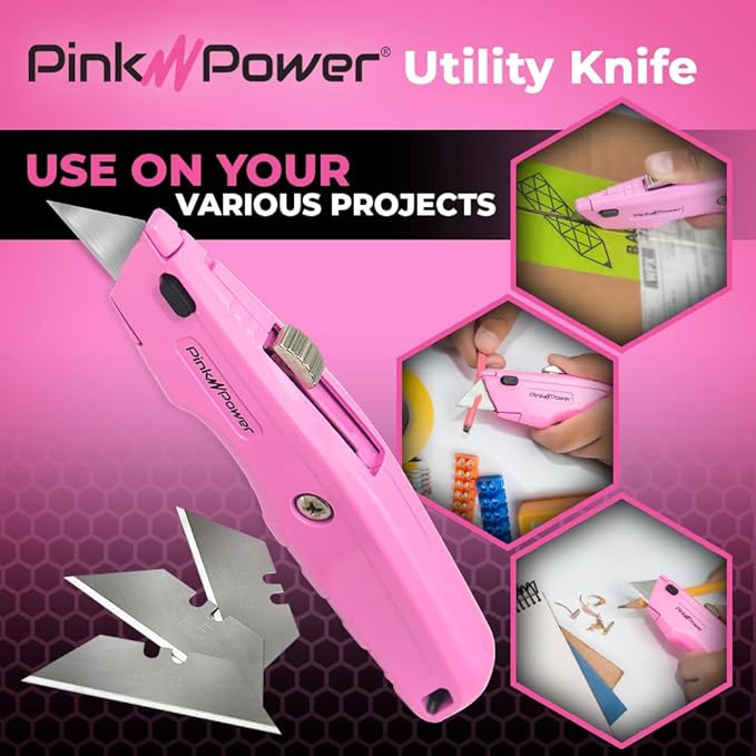 Pink Power Box Cutter Retractable, Pink Utility Knife for Carpet, Cute Box Cutter Knife Heavy Duty with 3 Blades and Storage Compartment - Opener Pocket Utility Tools for Women (5)