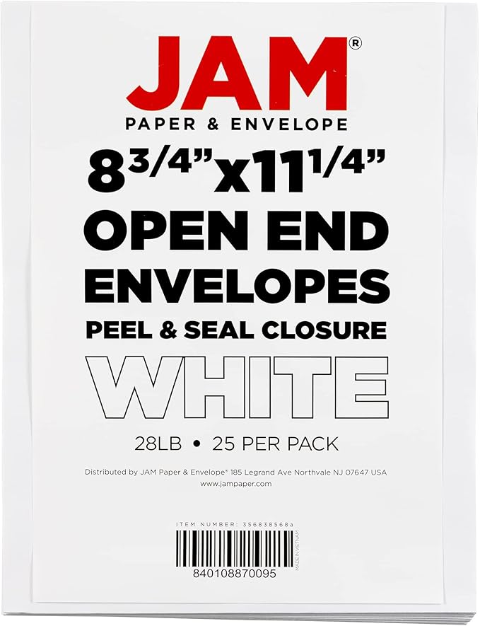 JAM PAPER 8 3/4 x 11 3/4 Open End Commercial Envelopes with Peel and Seal Closure - White - 25/Pack