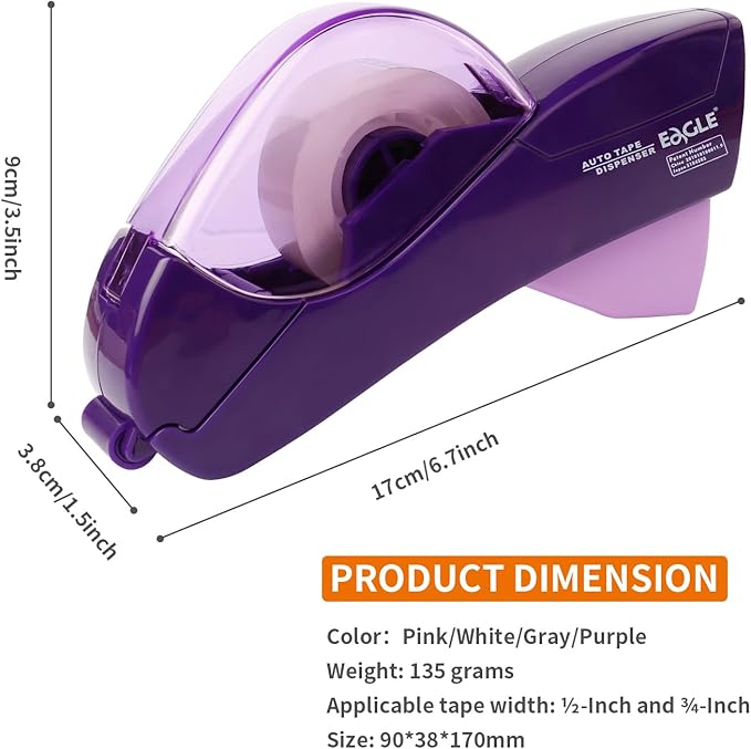 Eagle Automatic Tape Dispenser, Tape Gun, Single Handheld Design, Free 1 Roll of 0.5 Inch (12 mm) and 1 Roll of 0.75 Inch (19 mm) Tapes (Purple)