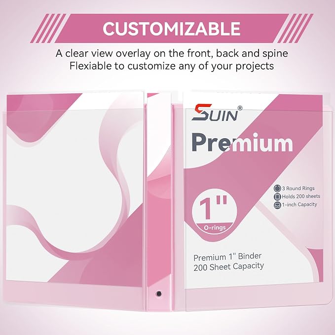 SUIN 1 Inch 3 Ring Binder, Clear 1'' View Presentation Binders with 2 Pockets, Fits 8.5 x 11 Letter Size, Durable Polypropylene, Non-Stick & PVC-Free for School, Office & Home (Pastel Pink)