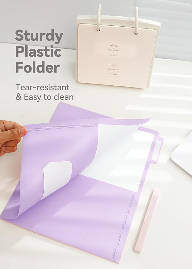 Plastic Folders with Pockets, 6 Pack Purple Folders for School, Unique 1/3 Cut Tabs with Colorful Labels, Letter Size