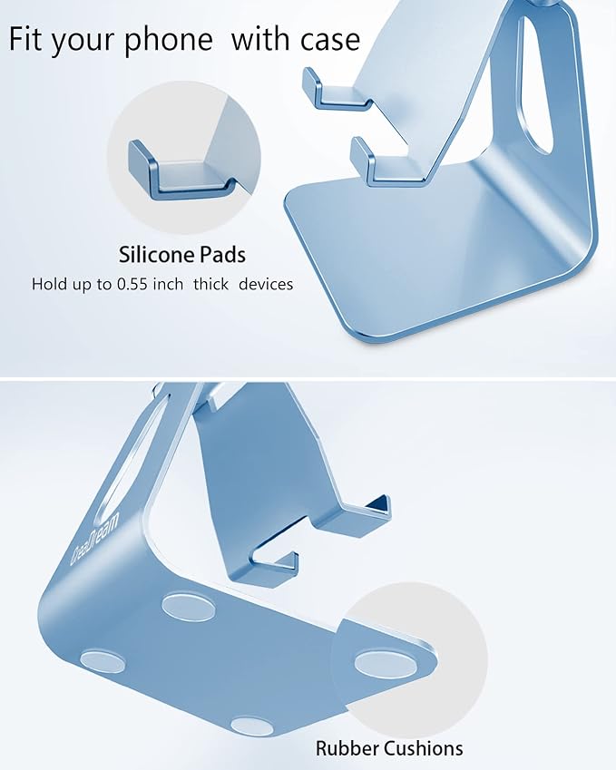 CreaDream Aluminum Cell Phone Stand, Adjustable Phone Holder for Desk | Adjustable Viewing Angle, Desktop Stand, Stable Base, Fits iPhone 17 16 15 14 13 Pro Max Desk Accessories, Sierra Blue