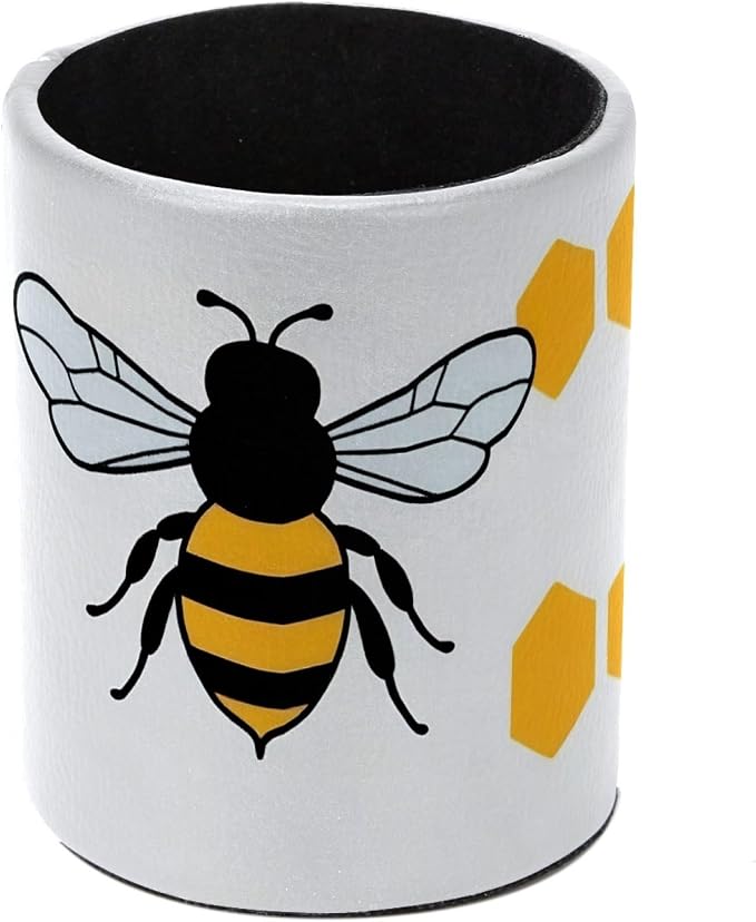 Leather Pen Holder for Desk, Cartoon Bee Pencil Cup Pen Organizer Makeup Brush Holder for Office Home Kids Countertop Desk Accessory Storage