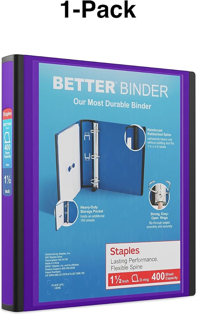Staples Better 1.5-Inch 3-Ring Binder, Purple – Heavy-Duty Binder for School & Office Organization