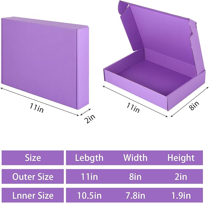 25 Pack Small Shipping Boxes Purple Corrugated Cardboard Box 11x8x2 inches，Corrugated Box for Packaging Small Business,Mailing Packing Literature Mailer,Shipping Gift Boxes