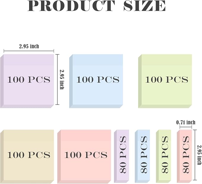 BAYTORY 6 Pads Pastel Sticky Notes, Memo Self-Stick Note (3x3 & 3x0.7 in) | Index Tabs Easy to Post for School Office Notebook