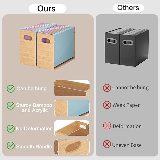 Sbanmao Acrylic Wall File Organizer, Hanging File Folder Organizer with Handle, Bamboo File Box File Crate Storage Box, Portable Filing Organizer for Home Office Classroom (Letter Size, 2 Pack)