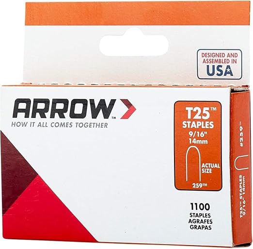 Arrow 259 T25 Staples for Installing Low Voltage Wires & Cables, 1100 Count | 9/16" Leg Length, 5/16" Crown Width, Heavy-Duty Steel, For Holiday Lights, Doorbells & Alarm Systems