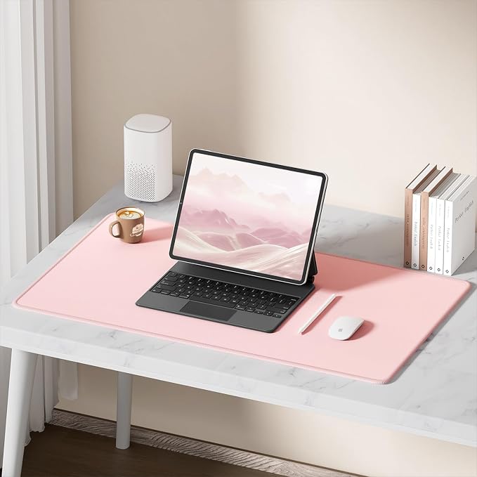 Hsurbtra Desk Pad, 32" x 16" Premium-Textured Desk Mat, Stitched Edge Anti-Slip Waterproof Rubber Mouse Pad, L Extended Computer Mat for Office Gaming Laptop Keyboard Pink
