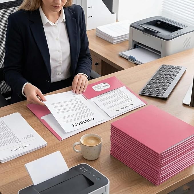 Zzrywuty Pink File Folders with Pockets Letter Size,50-Pack Paper Folders with Card Slot,Two Pocket Folders for School Students,Businessmen,Home and Office Workers