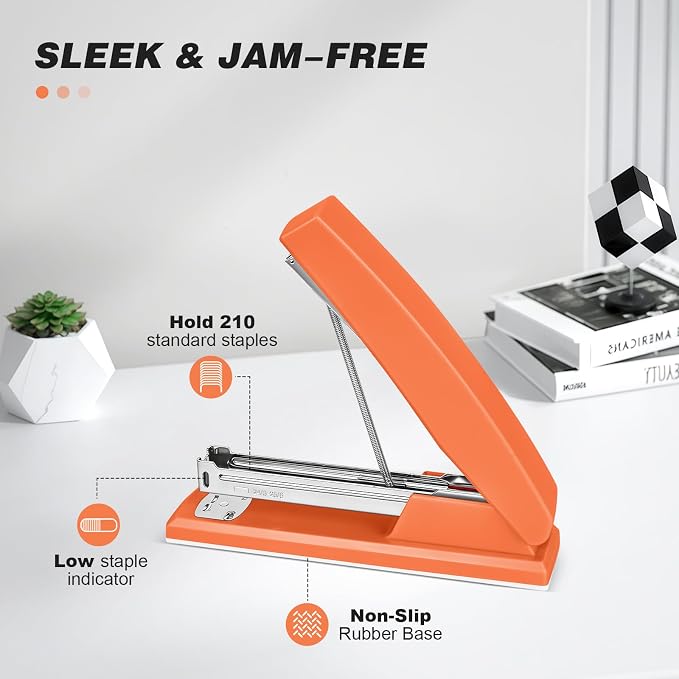 Stapler with 5000 Staples - 25 Sheet Capacity, Staplers for Desk, Orange | Non-Slip Office Stapler for classroom, home, School