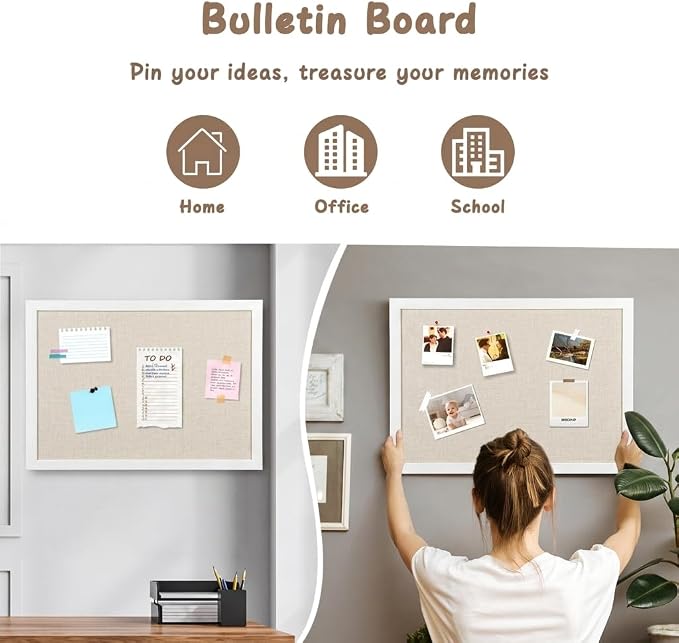 Gideal Cork Board with Pine Wood Frame, Bulletin Board with Linen Surface | 36" x 24" Wall Mounted Pin Board for Home Office, Kitchen, Classroom, White