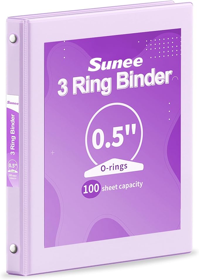 SUNEE 3 Ring Binder 1/2 Inch 1 Pack, Clear View Binder Three Ring PVC-Free (Fit 8.5x11 Inches) for School or Office Supplies, Purple