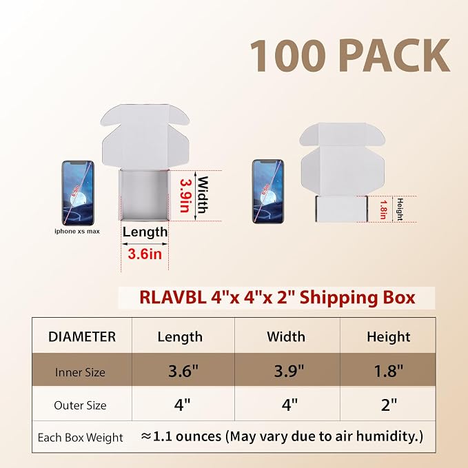 RLAVBL 4x4x2 Shipping Boxes Set of 100, White Corrugated Cardboard Box for Packing, Mailing, Business