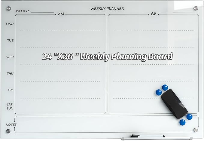 Glass Whiteboard 24"X36" Weekly Calendar Writeboard Magnetic Planner WritingBoard Dry Erase Board Frameless White Board for Office School Home Tray, 3 Marker,4 Magnets and 1 Eraser