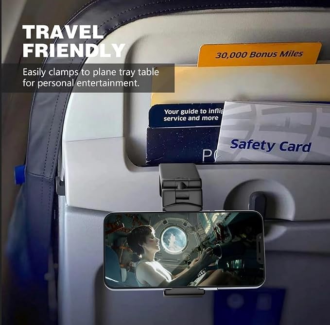 Perilogics Universal Airplane Phone Holder Mount, Plane Travel Essentials | In Flight Phone Stand, Hands Free Cell Phone Holder, Dual 360° Rotation, Must Haves Airplane Travel Accessory, Black