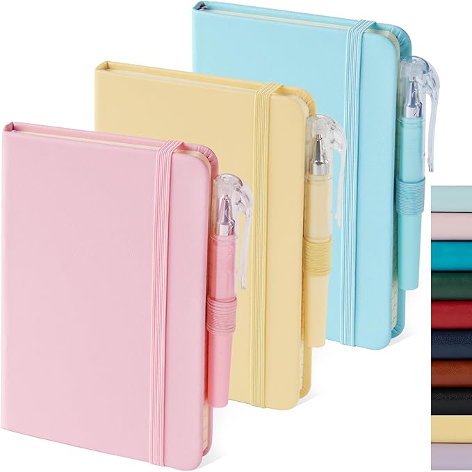 Small Notebook Journal with Pen, Mini Pocket Notepad for Women, Small Pocket Size Note pads for Note Taking, Pink, Yellow, Sky Blue Note Book