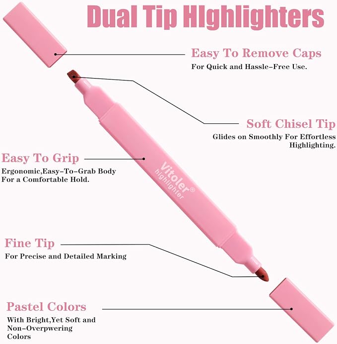 Vitoler Highlighters Assorted Colors, 8 Pack Dual Tip Pastel Highlighters | For teachers, For nurses, For women, For bibles, For markers, For writing, For journaling, For office, For School Supplies