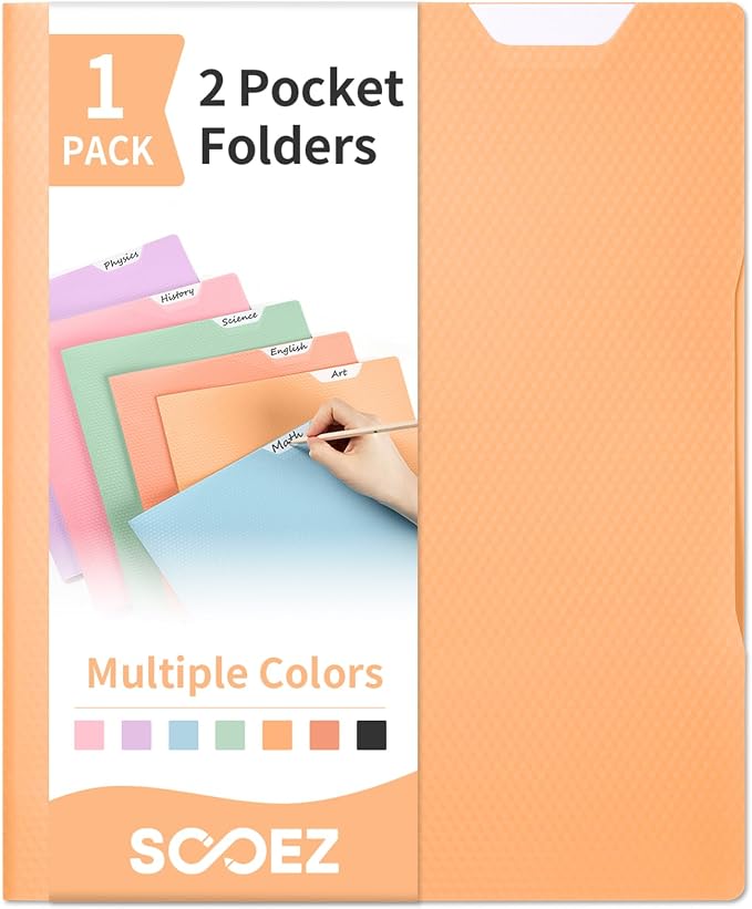 Sooez 1 Pack Plastic Folder, 2-Pocket Folder with Writable Category Label | With Non-Slip Tabs, Fits A4/Letter Size Paper, Heavy-Duty Folders with Pockets for School, Office, Home (Yellow)