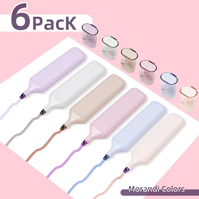 Pastel Highlighter Set, Chisel Tip, Tank Style, 6 Pack Morandi Colors, Cute No Bleed Bible Highlighter, with Large Ink Reservoir for Extra Long Marking Performance, Back to School Supplies
