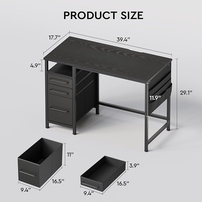 Small Desk with Drawers, Office Desk with Storage Shelves, Black | 40 Inch Desktop, Metal Frame, 3 Fabric Drawers, Storage Shelves, Computer & Writing Desk, Office Gaming Workstation