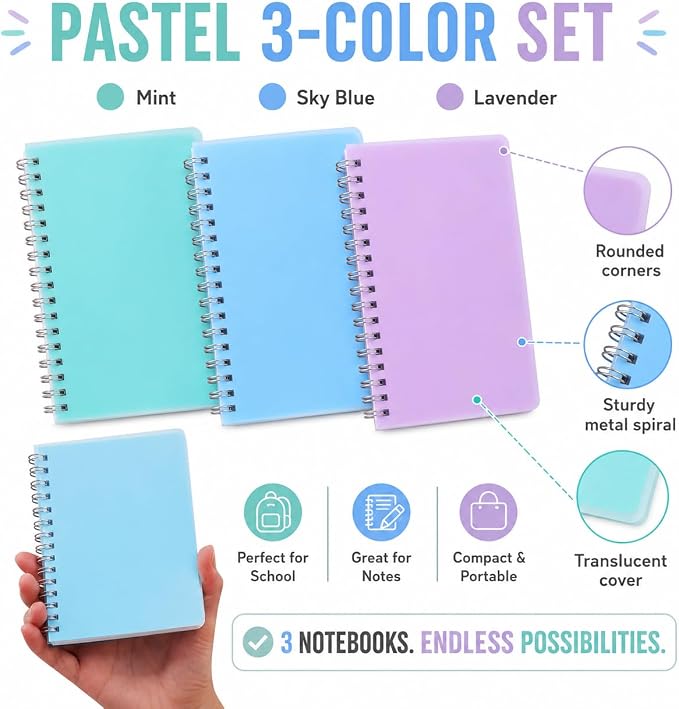 Spiral Notebook, 3 Pack Small Notebooks 4.3''x 5.7'',Mini Ruled Lined Journal, 480 Pages, College School Supplies Pocket Notebook for Work, Aesthetic Gift Office Supplies for Teen Girls,Boys | Cute Mini Notebook with Water Resistant Cover, 480 Pages To...