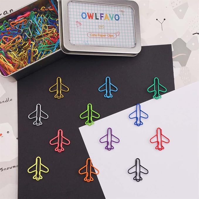 OWLFAVO 120pcs Airplane Shape Paper Clips with Storage Box, 12 Colors, Funny Cute Paperclips Bookmarks Planner Clips for Fun Office Supplies College Gifts Wedding Decoration