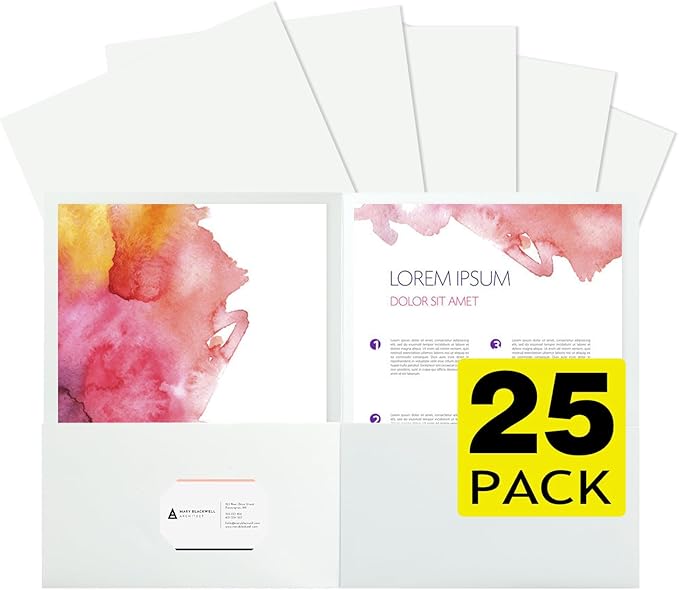 25Pcs White File Folders with Pockets and Business Card Holder,2 Pocket Folders for School,Home or Office,Durable Heavy Duty File Folders