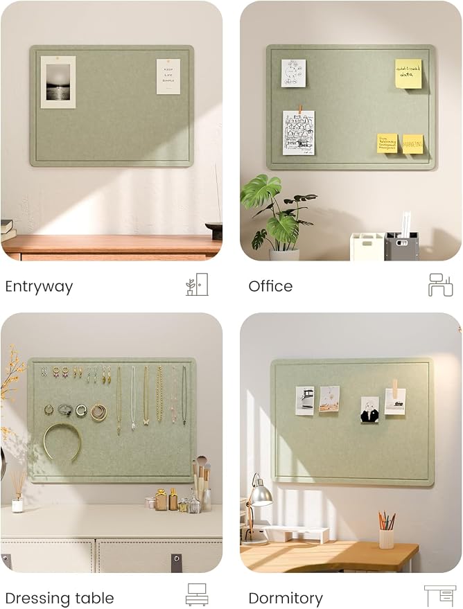 Fluxynara 23.6" x 17.1" Bulletin Board, Sage | Cork Board Alternative with 12 Removable Adhesive Tabs, Foldable Felt Pin Board for Home, Office, Classroom & Dorm