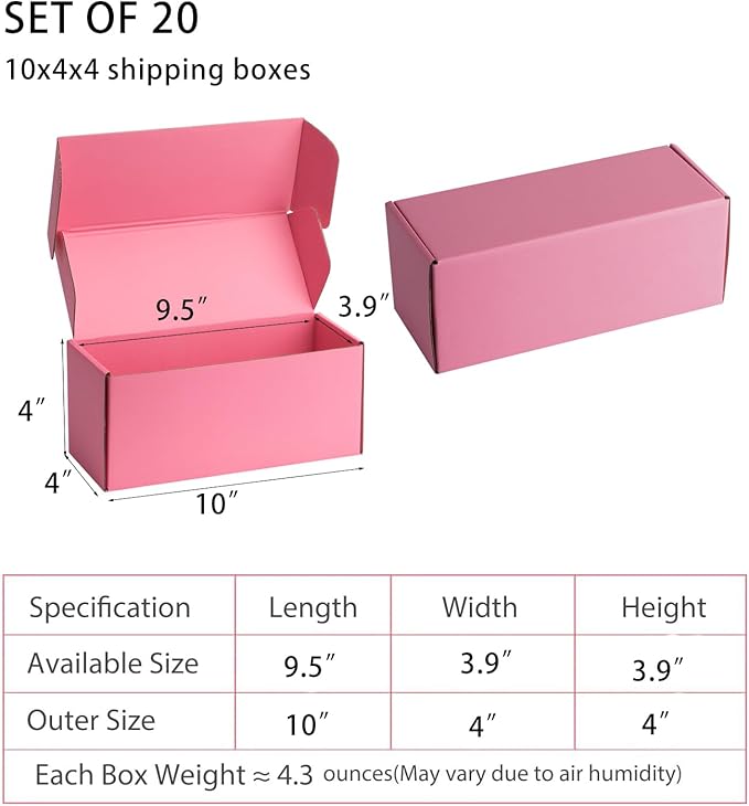 Small Shipping Boxes 10x4x4 Inches – Pink Corrugated Cardboard Boxes (20-Pack) for Mailing, Packing, Small Business & Gift Packaging - Recyclable & Sturdy