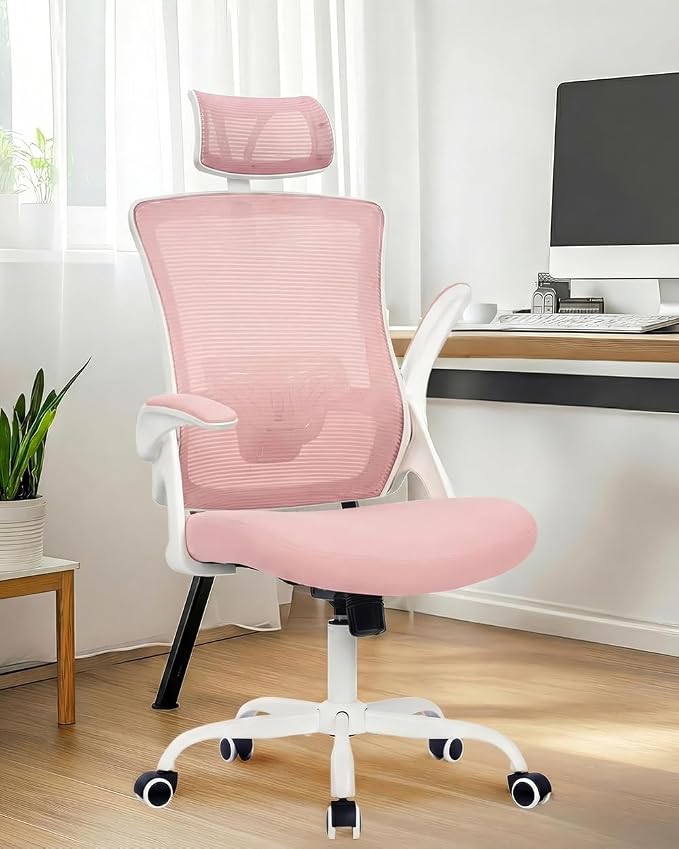 NEO CHAIR Office Chair with Adjustable Ergonomic Lumbar Headrest, Pink | Ergonomic Mesh Back Support with a Height-Adjustable Headrest and Flip-Up Armrests for All-Day Office and Computer Work