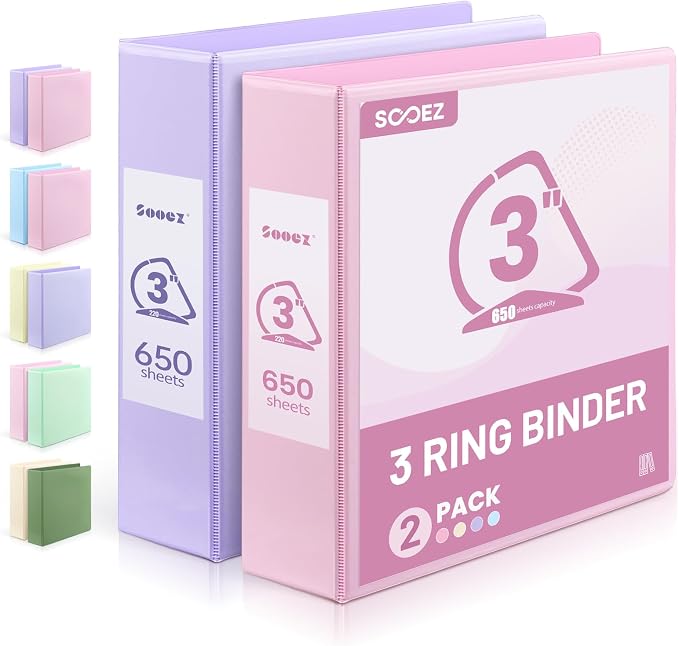 Sooez BinderX 3 Inch 3 Ring Binder, D-Ring Large Binders, Holds 650 Sheets | 8.5x11 Paper, PVC-Free, Customizable View Cover with 2 Inside Pockets, School & Office Supplies, Assorted Pastels, 2-Pack