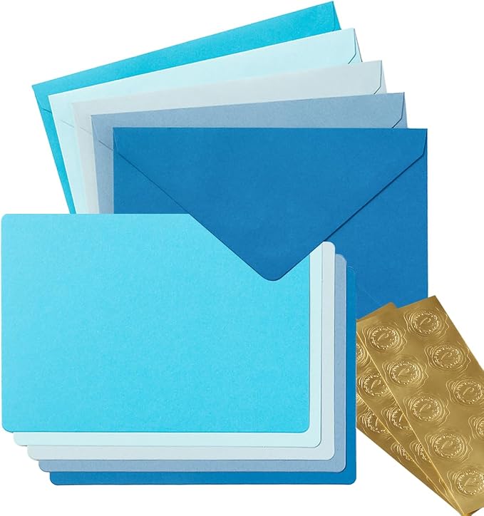 25 Pieces A7 Colored Envelopes with Cards and Stickers Set, Blue 5Colors | 5x7 inches Envelopes For Weddings, Invitations, Birthday, Baby Shower