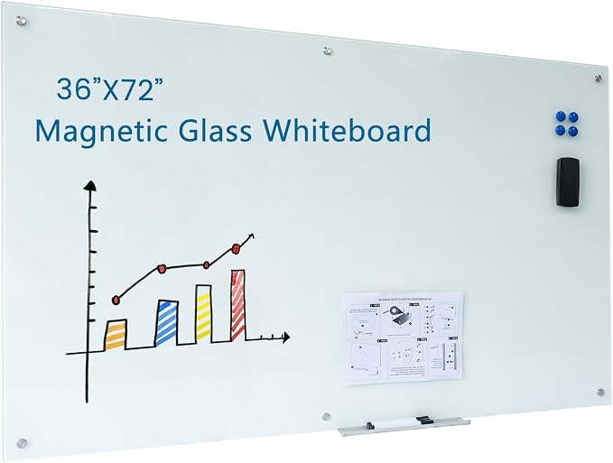 Magnetic Glass Writeboard Tempered Glass Dry Erase Boards Wall Mounted Frameless Whiteboard Bulletin Message Boards (White, 72" Wx36 H)