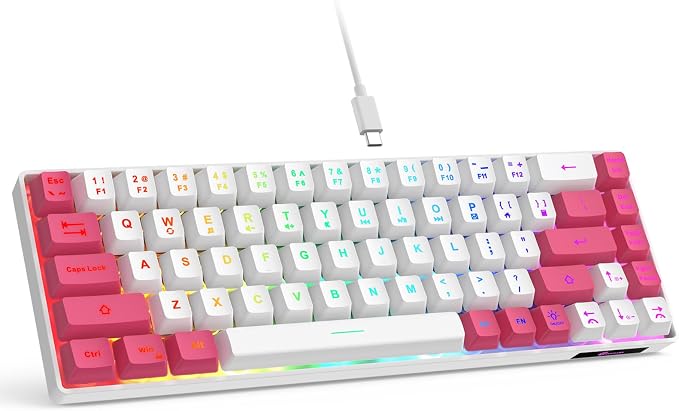 GEODMAER 65% Gaming Keyboard, LED Backlit Mini Wired Keyboard, Ultra-Compact Anti-Ghosting No-Conflict 68 Keys Membrane Gaming Wired Keyboard for PC Laptop Windows Gamer(White-Pink)