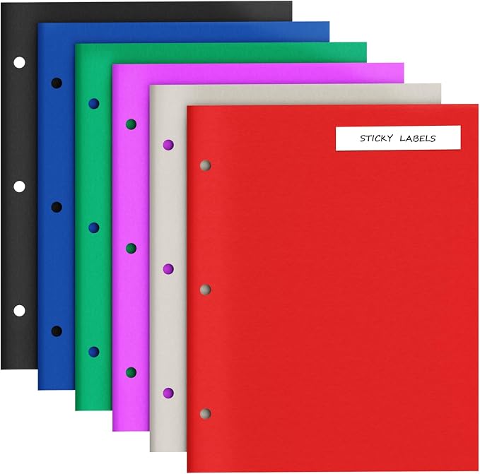 2 Pocket Folders with 3 Hole Punch, 6 Pack, Fit 3 Ring Binder, 10 Labels | Heavy Duty Paper Folders with Pockets, Aesthetic Colored File Folders, for Office Business School, for Letter Size Paper