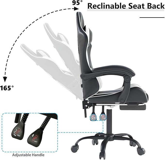Gaming Chair with Headrest and Lumbar Support, Ergonomic High Back Office Chair, Racing Style Executive Computer Desk Chair, Leather Adjustable Swivel Task Chair for Home Office (White)