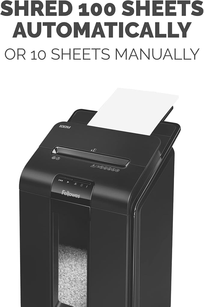 Fellowes AutoMax Micro-Cut 100M Office Auto Feed 2-in-1 Paper Shredder with 100-Sheet Capacity and Fellowes Powershred Performance Shredder Oil, 12 oz. Extended Nozzle Bottle