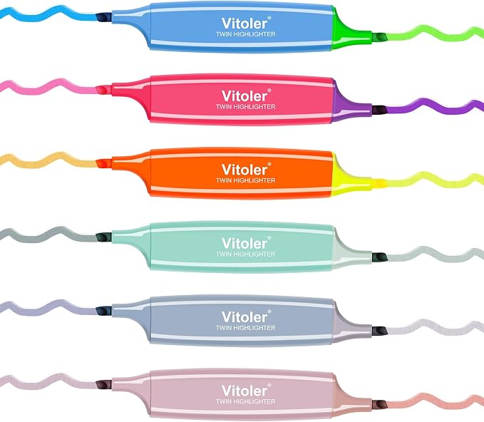 Vitoler Highlighters Assorted Colors,Bible Highlighters,6 Pcs,12 Colors,Dual Tips,No Bleed,Aesthetic Highlighter,Marker Pens for Office Supplies