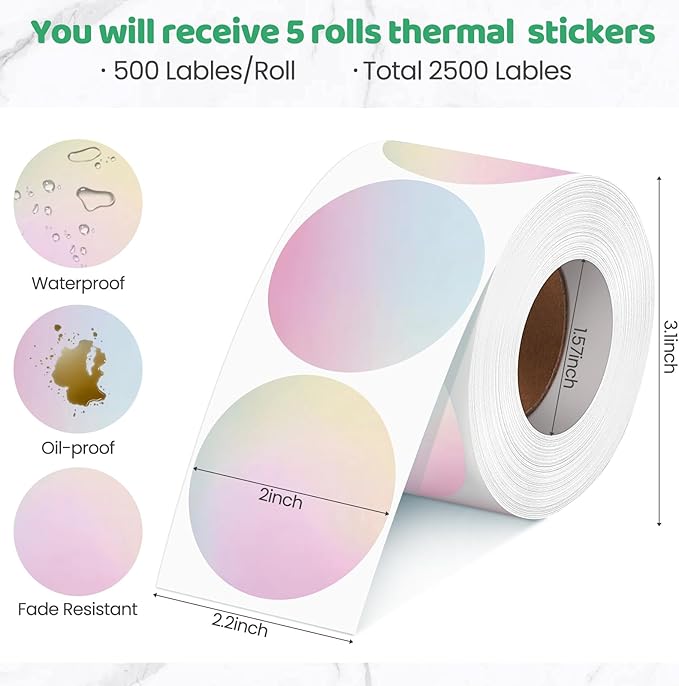 2500 Pcs 2 Inch Circle Thermal Sticker Labels Self Adhesive Round Direct Thermal Labels Multipurpose Printer Stickers for DIY Logo Design, Qr Code, Name Tag(Gradient Color)