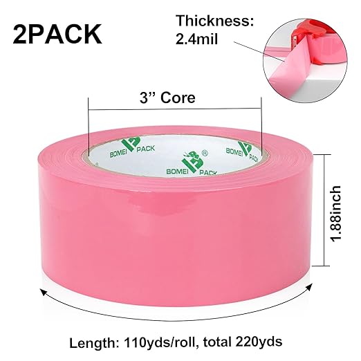BOMEI PACK Pink Packing Tape with Dispenser, 2.4 Mil 1.88 Inch x 110 Yards, 2 Refills Rolls Color Box Tape for Moving, Shipping and Packaging