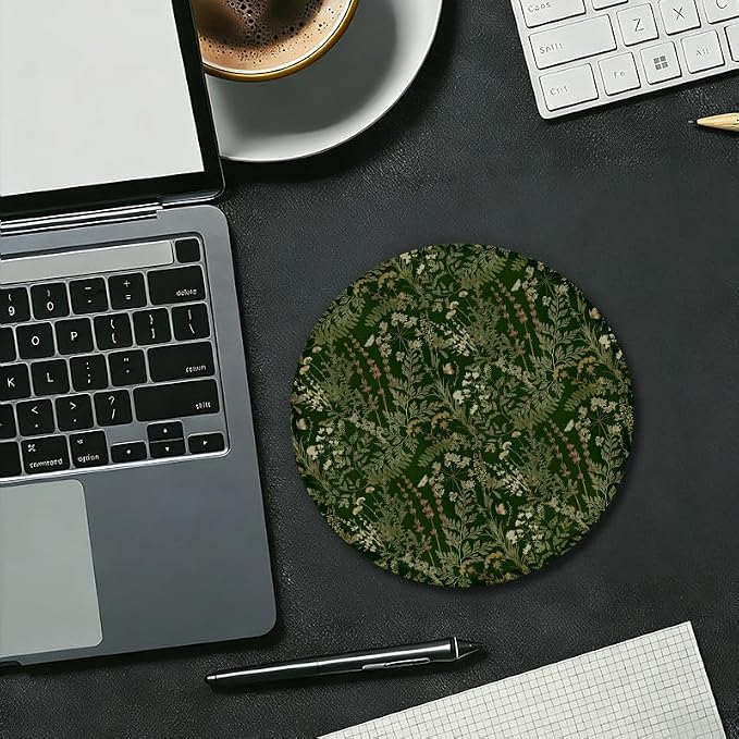 Dark Green Plant Round Mouse Pad, Vintage Rustic Botanical Fern Leaves Cottagecore Mousepad Mat for Home Office Computer Laptop Desk Accessories 7.9x7.9 in