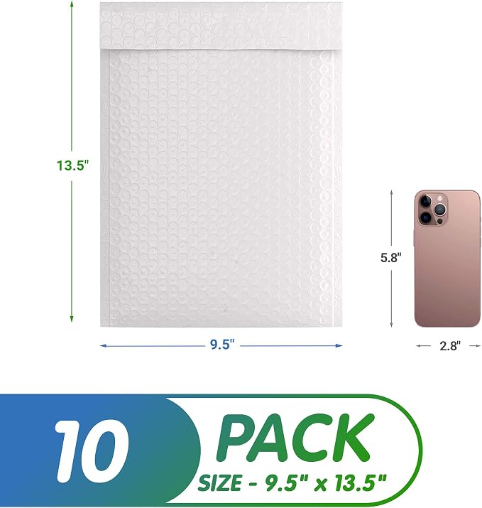 Poly Bubble Mailers, 9.5 x 13.5 Inch White Padded Mailers, Self Seal Shipping Envelopes, Lightweight Poly Mailer Bags, Waterproof Mailing Bags, Pack of 10